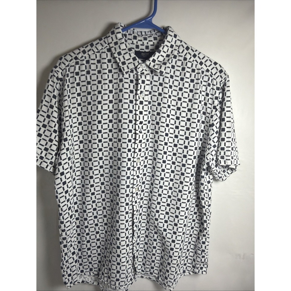 Ascot Linen Blend Men's Button Down SS Black White Block Linen Blend Medium - Picture 2 of 6